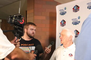 The Football History Dude interviewing Gil Brandt at 2019 Pro Football Hall of Fame Enshrinement