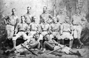 1883 Toledo Blue Stockings baseball team, Northwestern League champions. The team joined the American Association the following year. Back row, left to right: Joe Miller, Jumping Jack Jones, Moses Fleetwood Walker, Chappy Lane, John Tilley Middle row, left to right: Sam Moffet, Sam Barkley, Charlie Morton, Curt Welch, Hank O'Day Front row, left to right: Tom Poorman, Milo Lockwood
