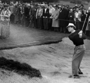 Byron Nelson from the bunker on the 18th hole at Sequoyah CC on 8 January 1942 during the third round at the Oakland Open.