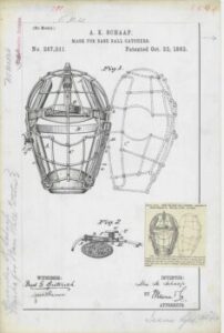 drawing of a patent for a catcher's mask by A.K. Shaap in 1883