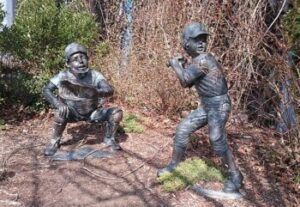 2018 photo of statues of kids playing baseball outside of McCoy Stadium, Pawtucket, Rhode Island