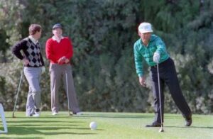 12/31/1988 President Reagan playing golf with golf pros Lee Trevino and Tom Watson at the Annenberg Estate in Rancho Mirage California