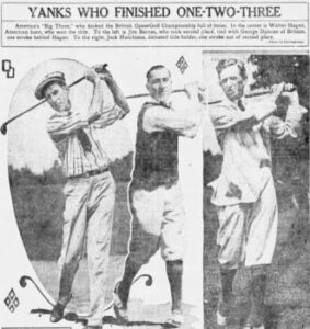 newspaper clipping from June 24, 1922 showing three golfers, one is Walter Hagen, the first American-born winner of the Open Championship