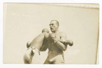 postcard of Jack Johnson and James J. Jeffries clinching from the Dana Photo Studio, American.