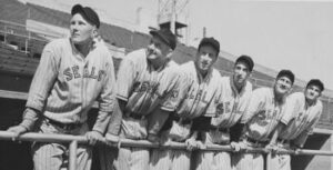 1940 San Francisco Seals pitchers (from left to right) Bob Jensen, Sam Gibson, Larry Guay, Eddie Stutz, Bill LeFebvre and Larry Powell.