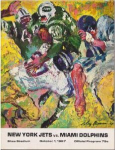 one of the many great pieces of game art produced by the AFL. Cover by Leroy Nieman of the game program for the Miami Dolphins-New York Jets game, October 1, 1967