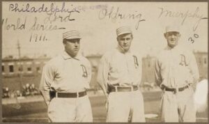 Philadelphia World Series, 1911, Lord, Oldring, Murphy; Outfield for the Athletics during World Series against the New York Giants. Lord was the left fielder, Oldring center fielder and Murphy the right fielder