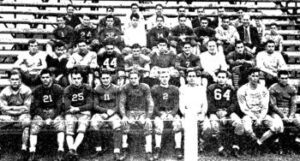 1937 Calumet Gunners team. This same team met the Chicago Bears in 1938 as the Calumet Indians. Former Heisman Trophy winner Jay Berwanger is in the bottom row on the far left. Coach Fred Gillies is in the third row (second from right) in the suit and tie.