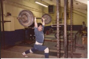 Mike Listro shows perfect form on the split jerk at the Belleville Barbell Club.