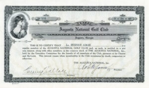 Stock certificate of Augusta National Golf Club, issued September 24, 1945, made out to L. Sherman Adams, signed in original by Bobby Jones as president. Politician Llewelyn Sherman Adams was governor of the state of New Hampshire 1949-1953, White House Chief of Staff under President Dwight D. Eisenhower 1953-1958.