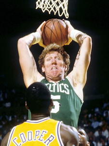 Boston Celtics Bill Walton vs Los Angeles Lakers AC Green, Mychal Thompson, Michael Cooper in the 1987 NBA Finals at the Los Angeles Forum
