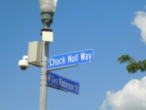 Street sign for Chuck Noll Way as it appeared in July 2022.