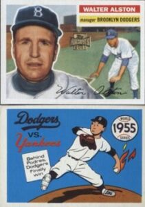 Walter Alston (Brooklyn Dodgers) and 1955 World Series baseball cards