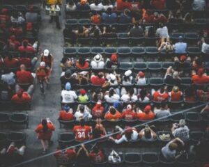 aerial photography of fans sitting at a baseball game