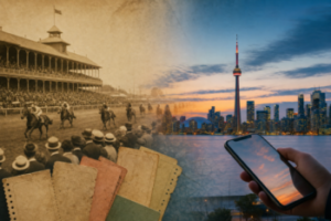 A collage of a vintage sepia racetrack grandstand fading into a modern Toronto skyline at dusk, bridged by old ticket stubs and a smartphone.