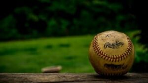 A worn vintage baseball resting on a wooden rail in front of a blurred green field